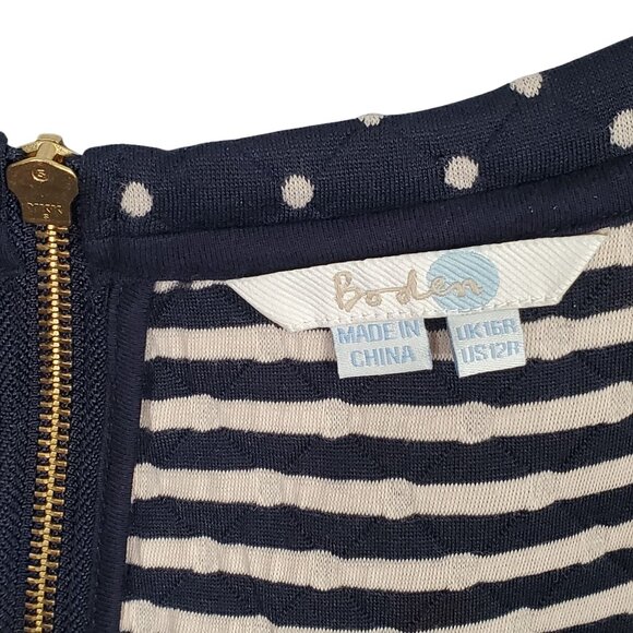 Boden Size 12 Dress Dotty Day Quilted Shift Polka Dot Zip Back Pockets Navy - Picture 11 of 13